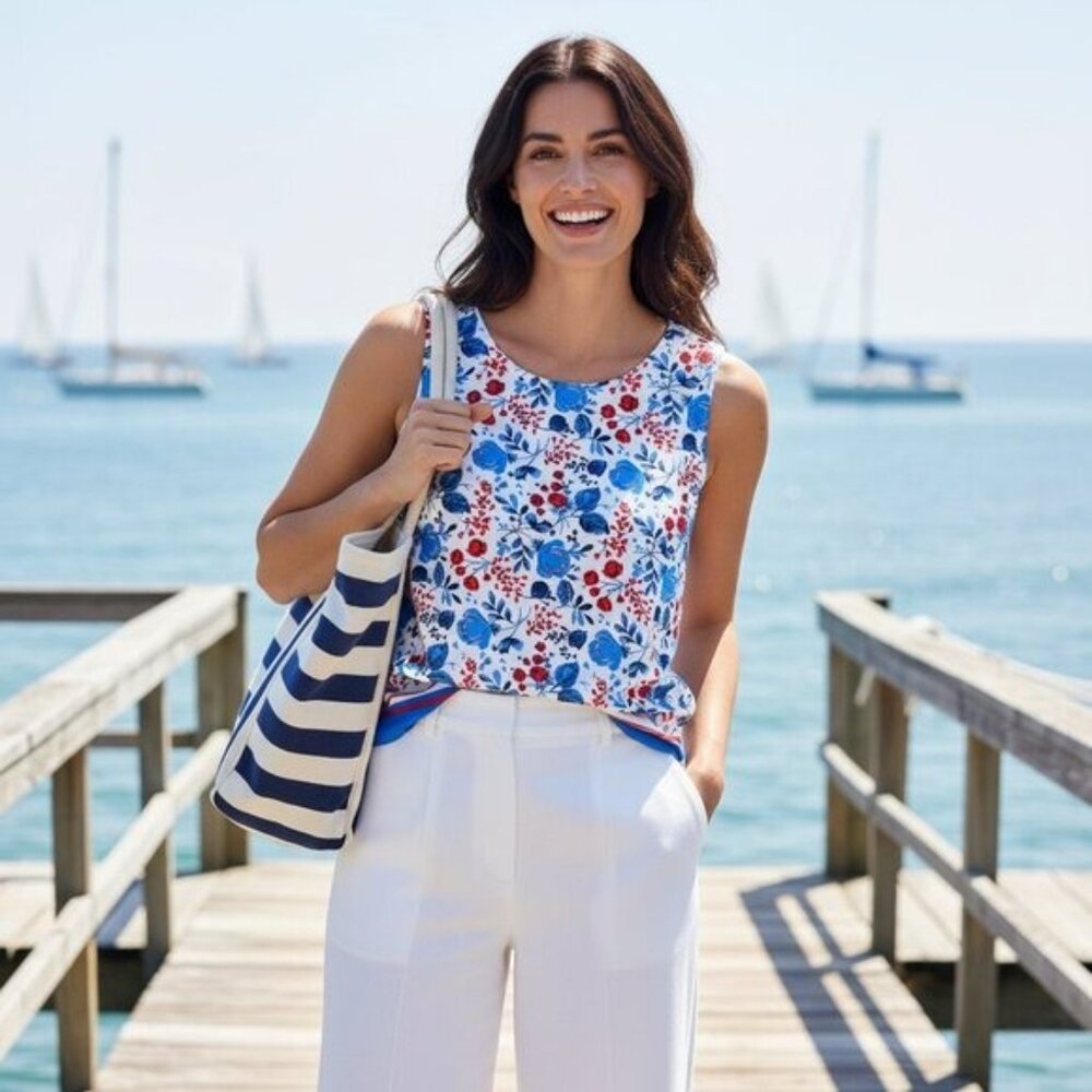 Tommy Hilfiger XL Floral Border Tank Top Sleeveless Red Blue White Preppy - Picture 3 of 7